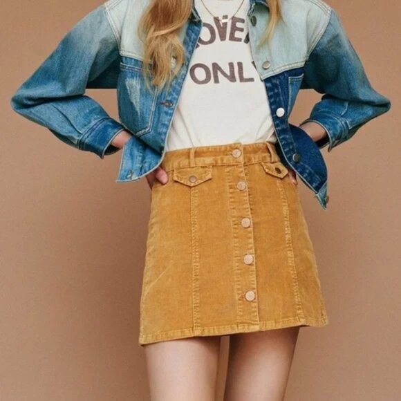 BDG Mustard Yellow Corduroy Button Up Mini Skirt 4 - Picture 1 of 5